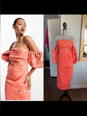 NWT XL/Size 10 Bardot Neckline Puff Sleeve Hand Beaded Sequin Midi Party Dress